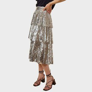 FRNCH Paris Evaleen Silver Sequin Tiered Midi Skirt, Size M, NWT